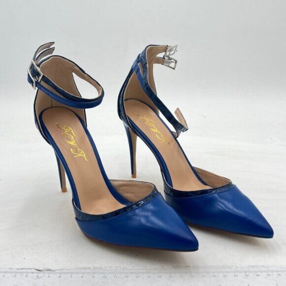 FOWT Navy Ankle Strap Pointy Toe High Heel D’orsay Double Slim Straps Pump - Picture 4 of 8